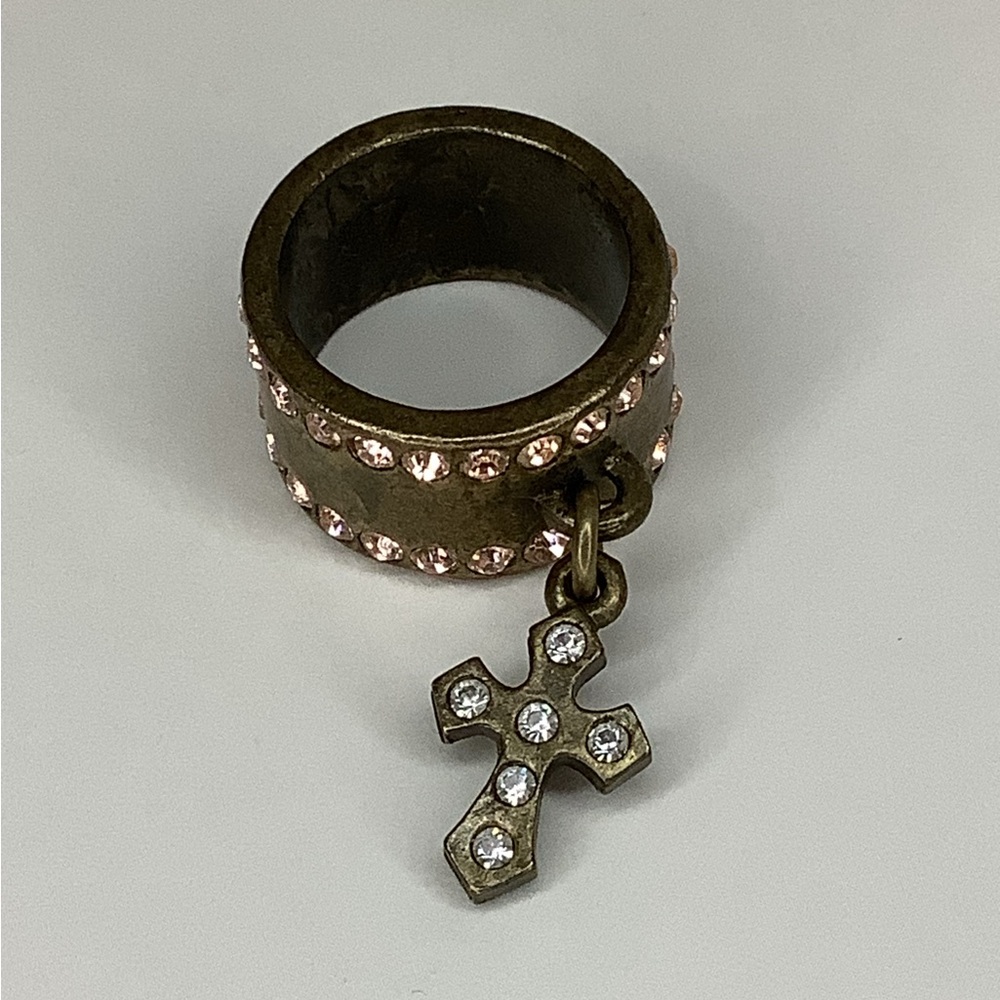 Bronze Ring with Cross Charm and small Cubic Zirconias , Size 6.5-7